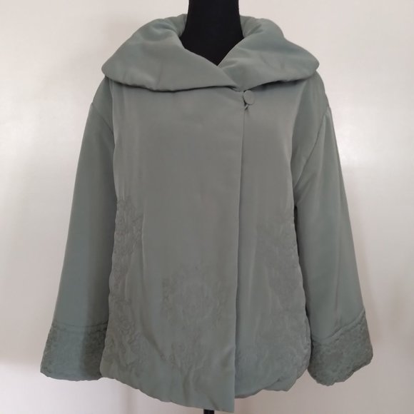 J. Jill XS Coat Jacket  Sage Light Green Embroidered Plush Lined Oversized - Picture 3 of 16